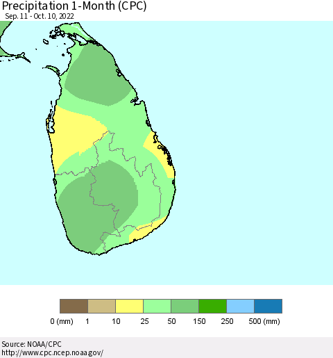 Sri Lanka Precipitation 1-Month (CPC) Thematic Map For 9/11/2022 - 10/10/2022