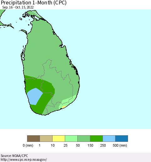 Sri Lanka Precipitation 1-Month (CPC) Thematic Map For 9/16/2022 - 10/15/2022