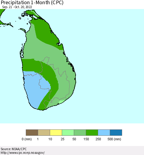 Sri Lanka Precipitation 1-Month (CPC) Thematic Map For 9/21/2022 - 10/20/2022