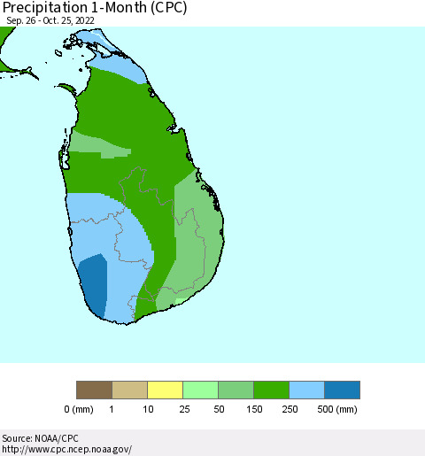 Sri Lanka Precipitation 1-Month (CPC) Thematic Map For 9/26/2022 - 10/25/2022