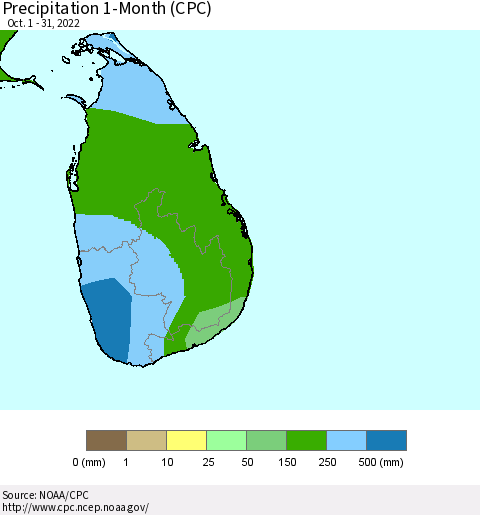 Sri Lanka Precipitation 1-Month (CPC) Thematic Map For 10/1/2022 - 10/31/2022