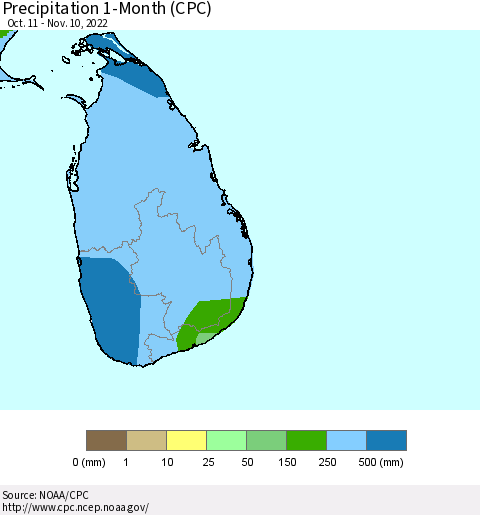 Sri Lanka Precipitation 1-Month (CPC) Thematic Map For 10/11/2022 - 11/10/2022