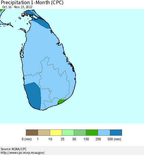 Sri Lanka Precipitation 1-Month (CPC) Thematic Map For 10/16/2022 - 11/15/2022