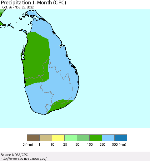 Sri Lanka Precipitation 1-Month (CPC) Thematic Map For 10/26/2022 - 11/25/2022