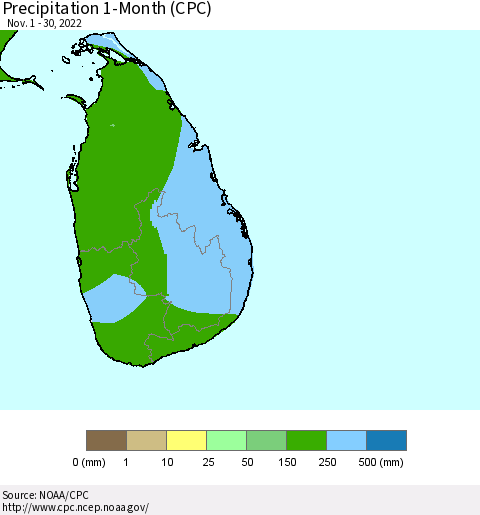 Sri Lanka Precipitation 1-Month (CPC) Thematic Map For 11/1/2022 - 11/30/2022