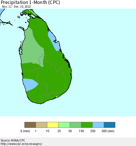 Sri Lanka Precipitation 1-Month (CPC) Thematic Map For 11/11/2022 - 12/10/2022