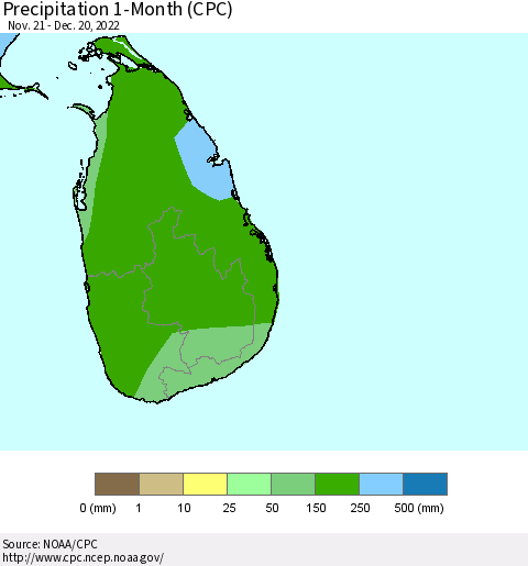 Sri Lanka Precipitation 1-Month (CPC) Thematic Map For 11/21/2022 - 12/20/2022