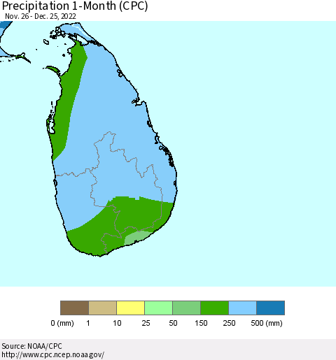 Sri Lanka Precipitation 1-Month (CPC) Thematic Map For 11/26/2022 - 12/25/2022
