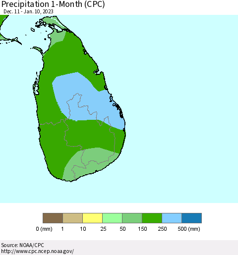 Sri Lanka Precipitation 1-Month (CPC) Thematic Map For 12/11/2022 - 1/10/2023