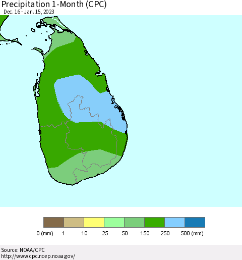 Sri Lanka Precipitation 1-Month (CPC) Thematic Map For 12/16/2022 - 1/15/2023