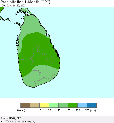Sri Lanka Precipitation 1-Month (CPC) Thematic Map For 12/21/2022 - 1/20/2023