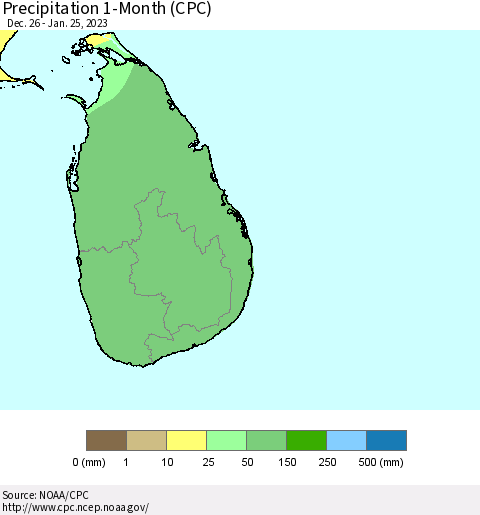Sri Lanka Precipitation 1-Month (CPC) Thematic Map For 12/26/2022 - 1/25/2023