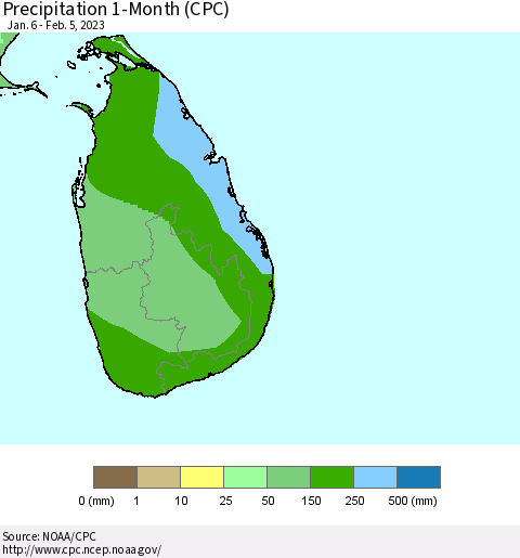 Sri Lanka Precipitation 1-Month (CPC) Thematic Map For 1/6/2023 - 2/5/2023