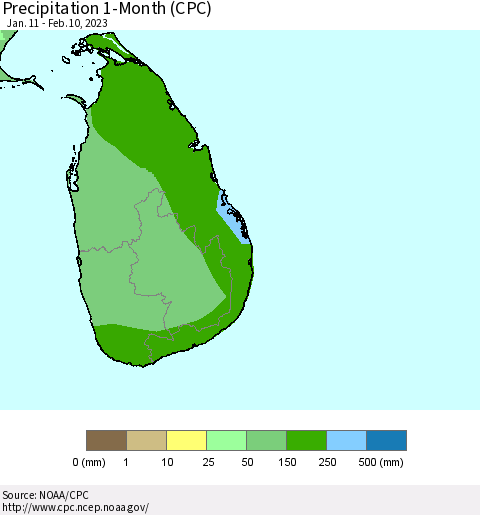 Sri Lanka Precipitation 1-Month (CPC) Thematic Map For 1/11/2023 - 2/10/2023