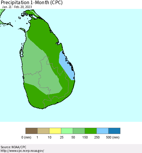 Sri Lanka Precipitation 1-Month (CPC) Thematic Map For 1/21/2023 - 2/20/2023