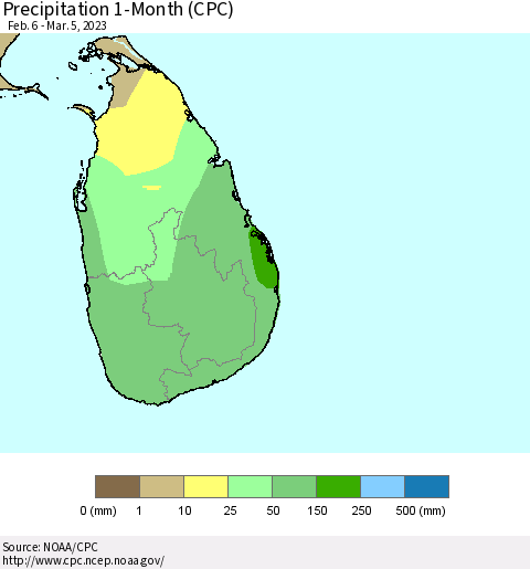 Sri Lanka Precipitation 1-Month (CPC) Thematic Map For 2/6/2023 - 3/5/2023