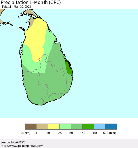 Sri Lanka Precipitation 1-Month (CPC) Thematic Map For 2/11/2023 - 3/10/2023