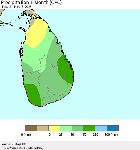Sri Lanka Precipitation 1-Month (CPC) Thematic Map For 2/16/2023 - 3/15/2023