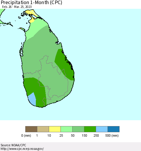 Sri Lanka Precipitation 1-Month (CPC) Thematic Map For 2/26/2023 - 3/25/2023