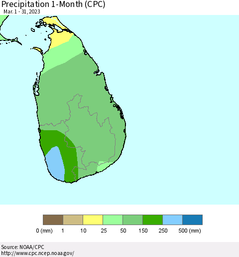 Sri Lanka Precipitation 1-Month (CPC) Thematic Map For 3/1/2023 - 3/31/2023