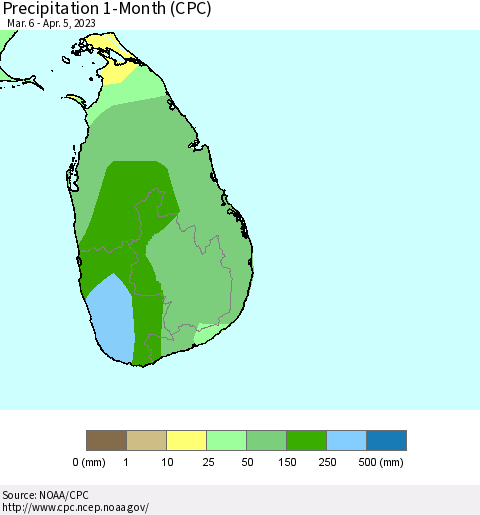 Sri Lanka Precipitation 1-Month (CPC) Thematic Map For 3/6/2023 - 4/5/2023