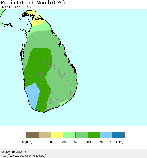 Sri Lanka Precipitation 1-Month (CPC) Thematic Map For 3/16/2023 - 4/15/2023