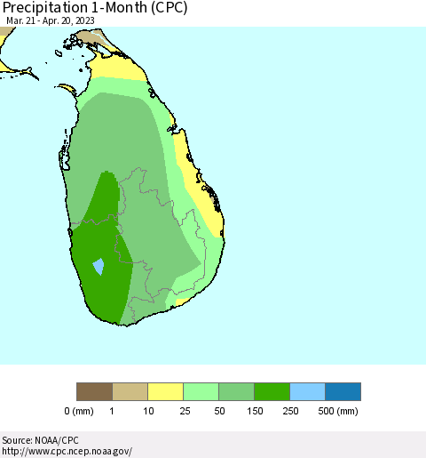 Sri Lanka Precipitation 1-Month (CPC) Thematic Map For 3/21/2023 - 4/20/2023
