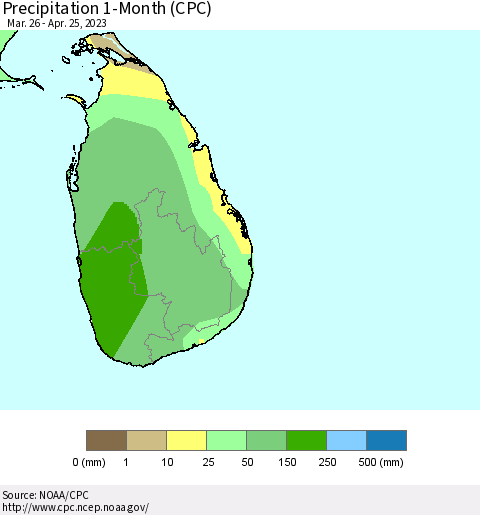 Sri Lanka Precipitation 1-Month (CPC) Thematic Map For 3/26/2023 - 4/25/2023