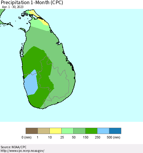 Sri Lanka Precipitation 1-Month (CPC) Thematic Map For 4/1/2023 - 4/30/2023