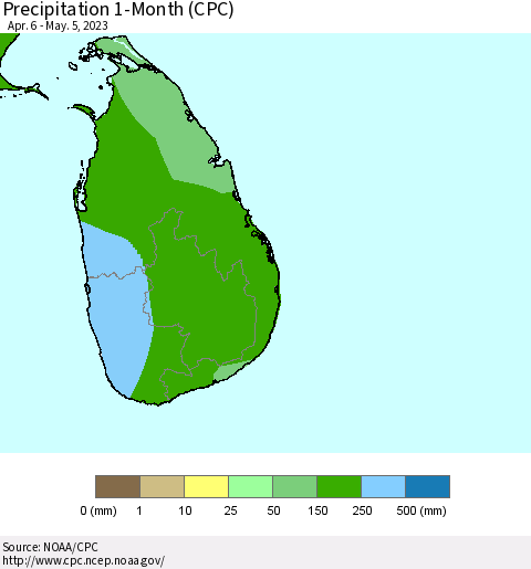Sri Lanka Precipitation 1-Month (CPC) Thematic Map For 4/6/2023 - 5/5/2023
