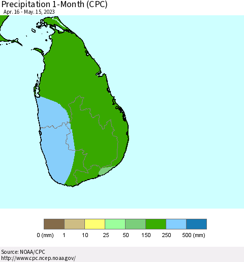 Sri Lanka Precipitation 1-Month (CPC) Thematic Map For 4/16/2023 - 5/15/2023