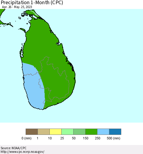 Sri Lanka Precipitation 1-Month (CPC) Thematic Map For 4/26/2023 - 5/25/2023