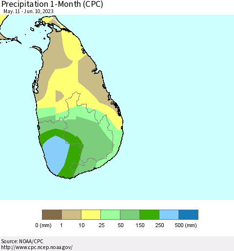 Sri Lanka Precipitation 1-Month (CPC) Thematic Map For 5/11/2023 - 6/10/2023