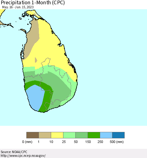 Sri Lanka Precipitation 1-Month (CPC) Thematic Map For 5/16/2023 - 6/15/2023