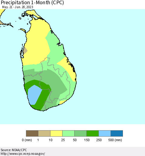 Sri Lanka Precipitation 1-Month (CPC) Thematic Map For 5/21/2023 - 6/20/2023