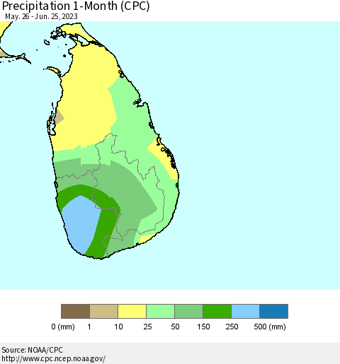 Sri Lanka Precipitation 1-Month (CPC) Thematic Map For 5/26/2023 - 6/25/2023