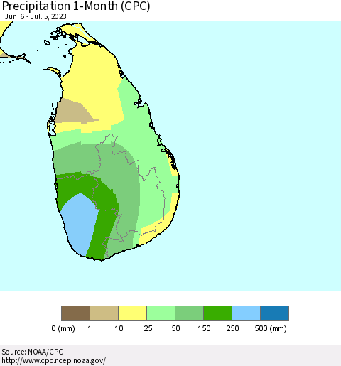 Sri Lanka Precipitation 1-Month (CPC) Thematic Map For 6/6/2023 - 7/5/2023