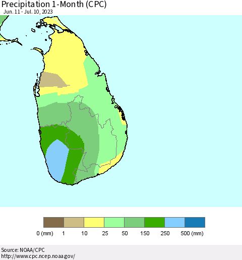 Sri Lanka Precipitation 1-Month (CPC) Thematic Map For 6/11/2023 - 7/10/2023