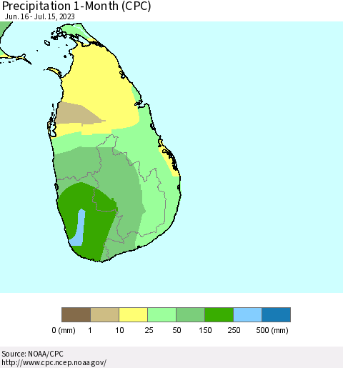 Sri Lanka Precipitation 1-Month (CPC) Thematic Map For 6/16/2023 - 7/15/2023