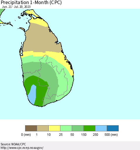 Sri Lanka Precipitation 1-Month (CPC) Thematic Map For 6/21/2023 - 7/20/2023