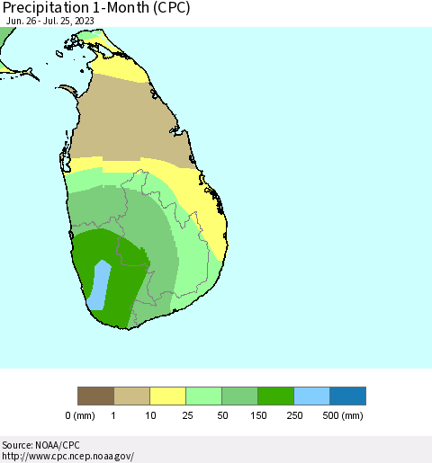 Sri Lanka Precipitation 1-Month (CPC) Thematic Map For 6/26/2023 - 7/25/2023