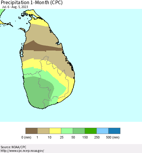 Sri Lanka Precipitation 1-Month (CPC) Thematic Map For 7/6/2023 - 8/5/2023