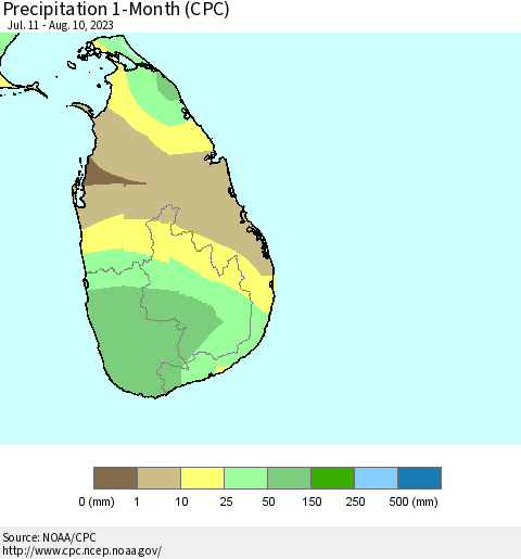 Sri Lanka Precipitation 1-Month (CPC) Thematic Map For 7/11/2023 - 8/10/2023