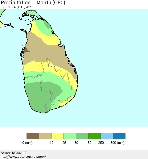 Sri Lanka Precipitation 1-Month (CPC) Thematic Map For 7/16/2023 - 8/15/2023