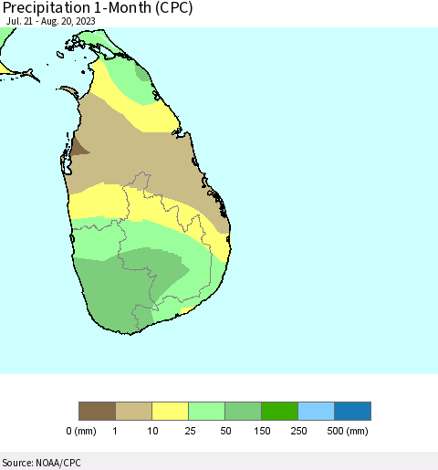 Sri Lanka Precipitation 1-Month (CPC) Thematic Map For 7/21/2023 - 8/20/2023