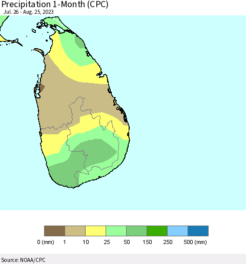 Sri Lanka Precipitation 1-Month (CPC) Thematic Map For 7/26/2023 - 8/25/2023
