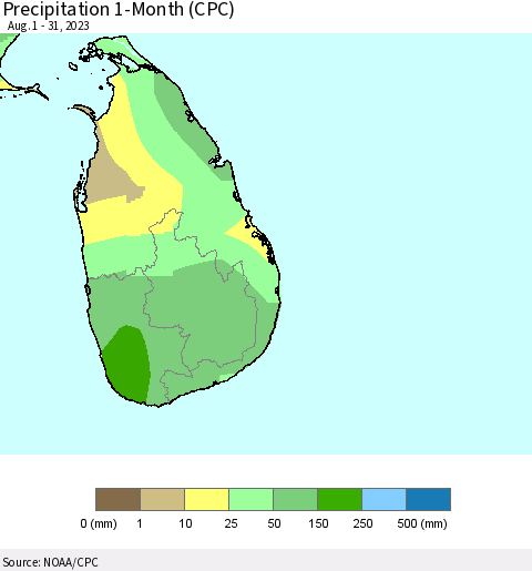 Sri Lanka Precipitation 1-Month (CPC) Thematic Map For 8/1/2023 - 8/31/2023
