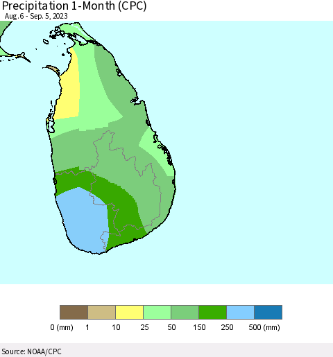 Sri Lanka Precipitation 1-Month (CPC) Thematic Map For 8/6/2023 - 9/5/2023