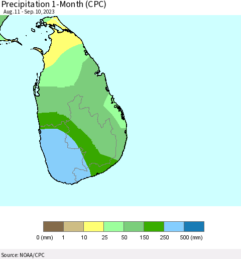 Sri Lanka Precipitation 1-Month (CPC) Thematic Map For 8/11/2023 - 9/10/2023
