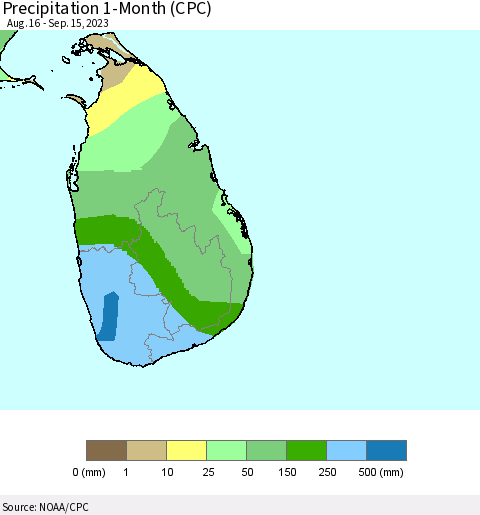 Sri Lanka Precipitation 1-Month (CPC) Thematic Map For 8/16/2023 - 9/15/2023